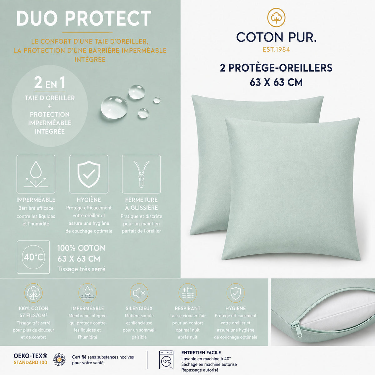 Lot de 2 Taies d'oreiller "Duo Protect" imperméable 100% Coton 57 fils/cm² 63 x 63 cm Menthe