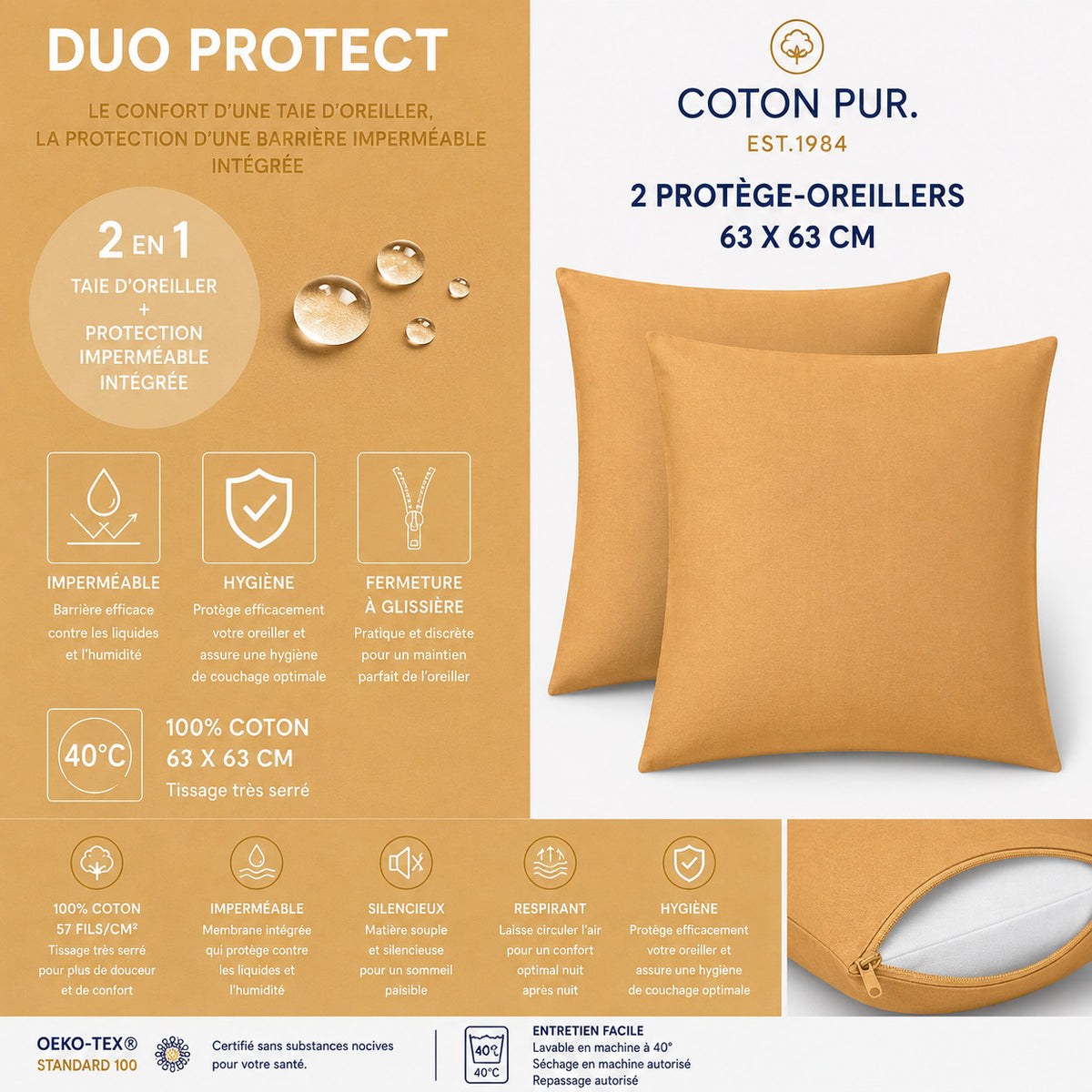 Lot de 2 Taies d'oreiller "Duo Protect" imperméable 100% Coton 57 fils/cm² 63 x 63 cm Miel