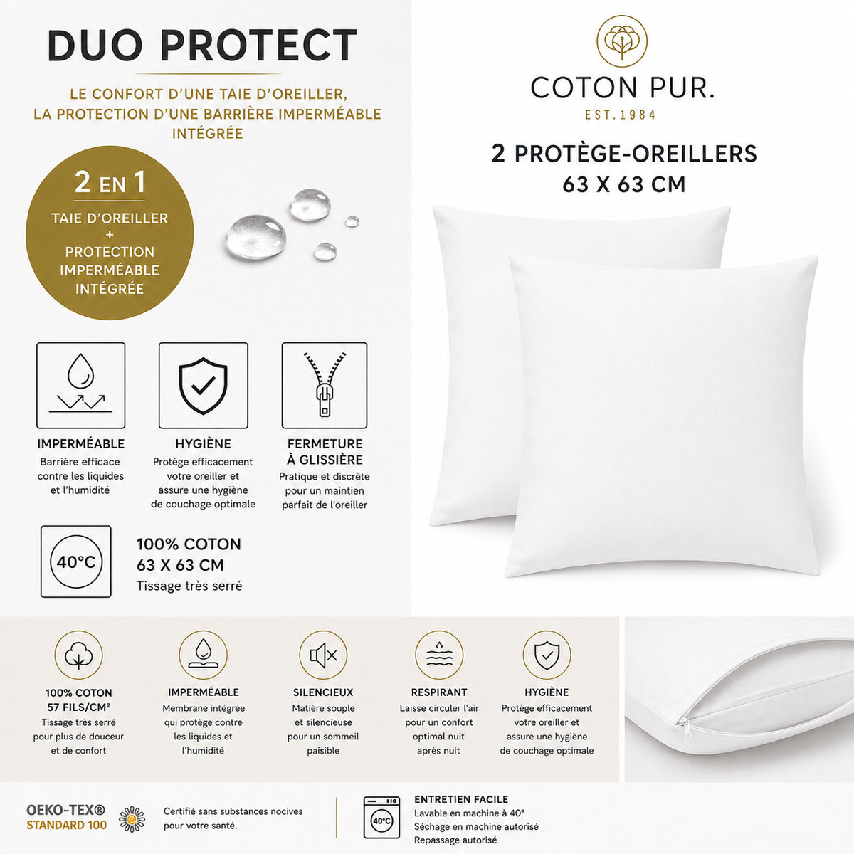 Lot de 2 Taies d'oreiller "Duo Protect" imperméable 100% Coton 57 fils/cm² 63 x 63 cm Neige