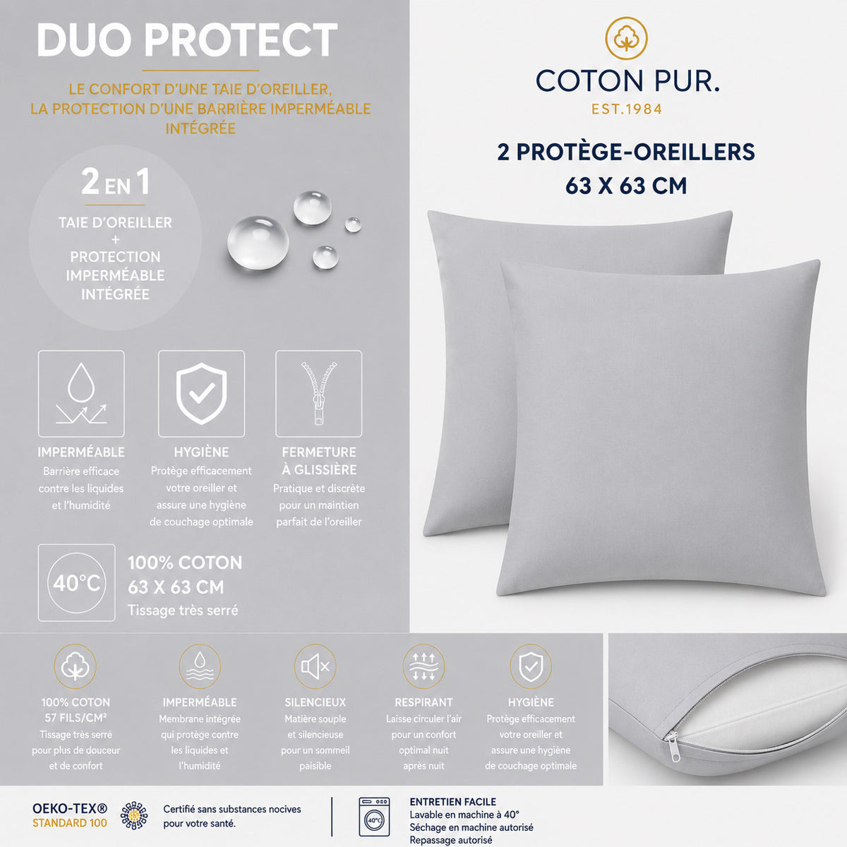 Lot de 2 Taies d'oreiller "Duo Protect" imperméable 100% Coton 57 fils/cm² 63 x 63 cm Nuage