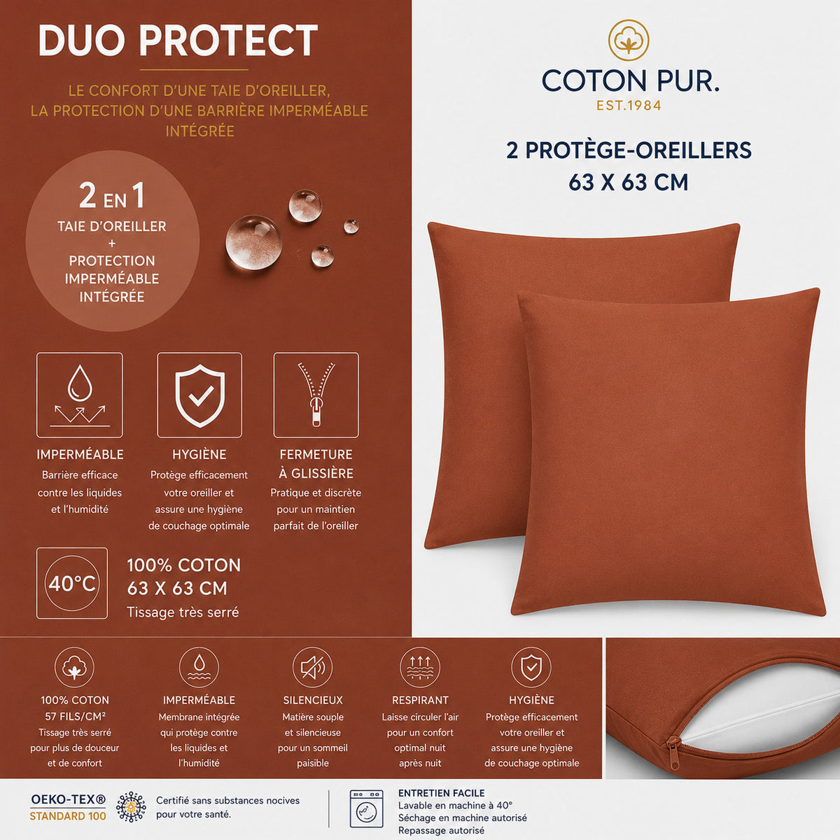 Lot de 2 Taies d'oreiller "Duo Protect" imperméable 100% Coton 57 fils/cm² 63 x 63 cm Paprika