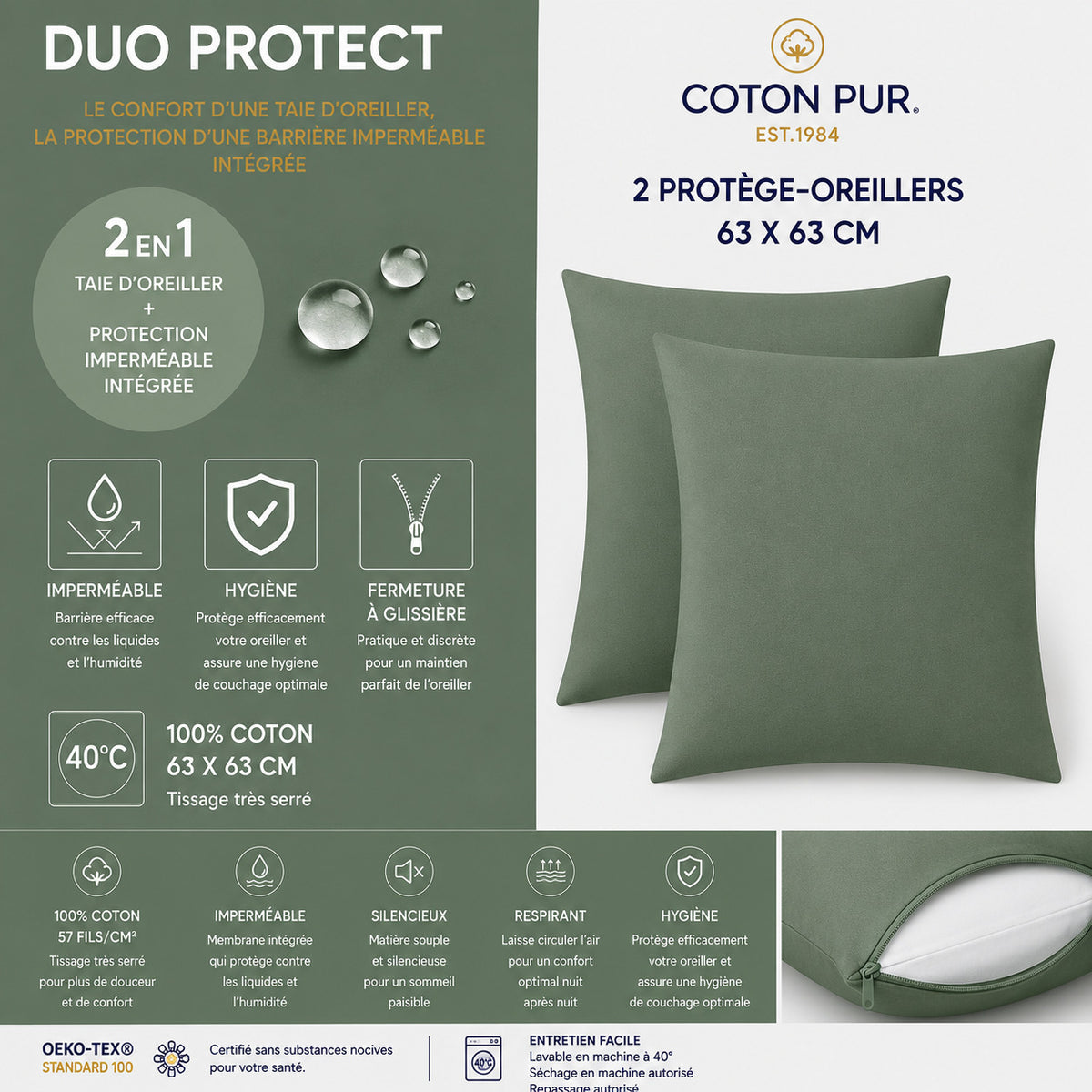 Lot de 2 Taies d'oreiller "Duo Protect" imperméable 100% Coton 57 fils/cm² 63 x 63 cm Romarin