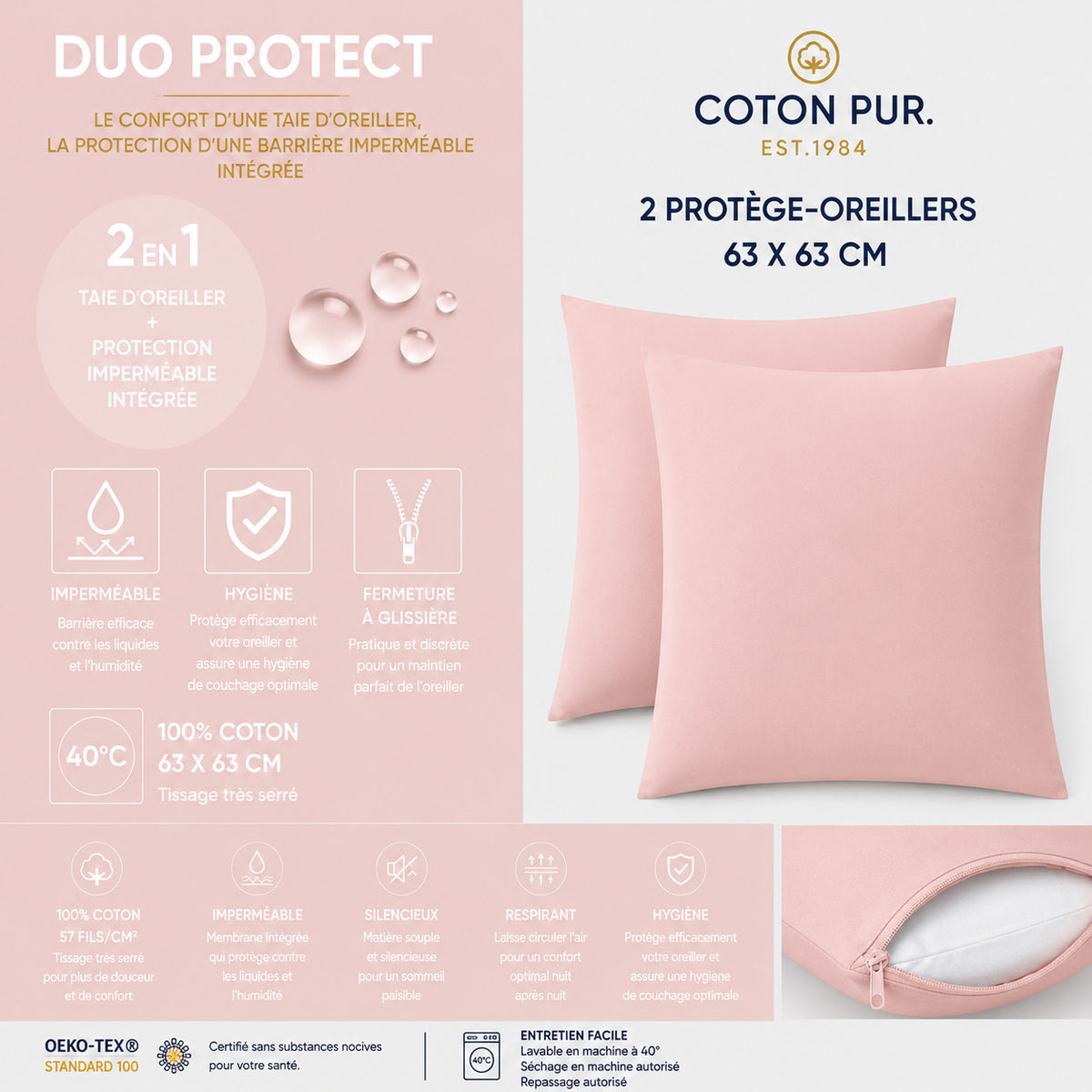Lot de 2 Taies d'oreiller "Duo Protect" imperméable 100% Coton 57 fils/cm² 63 x 63 cm Rose Dragée