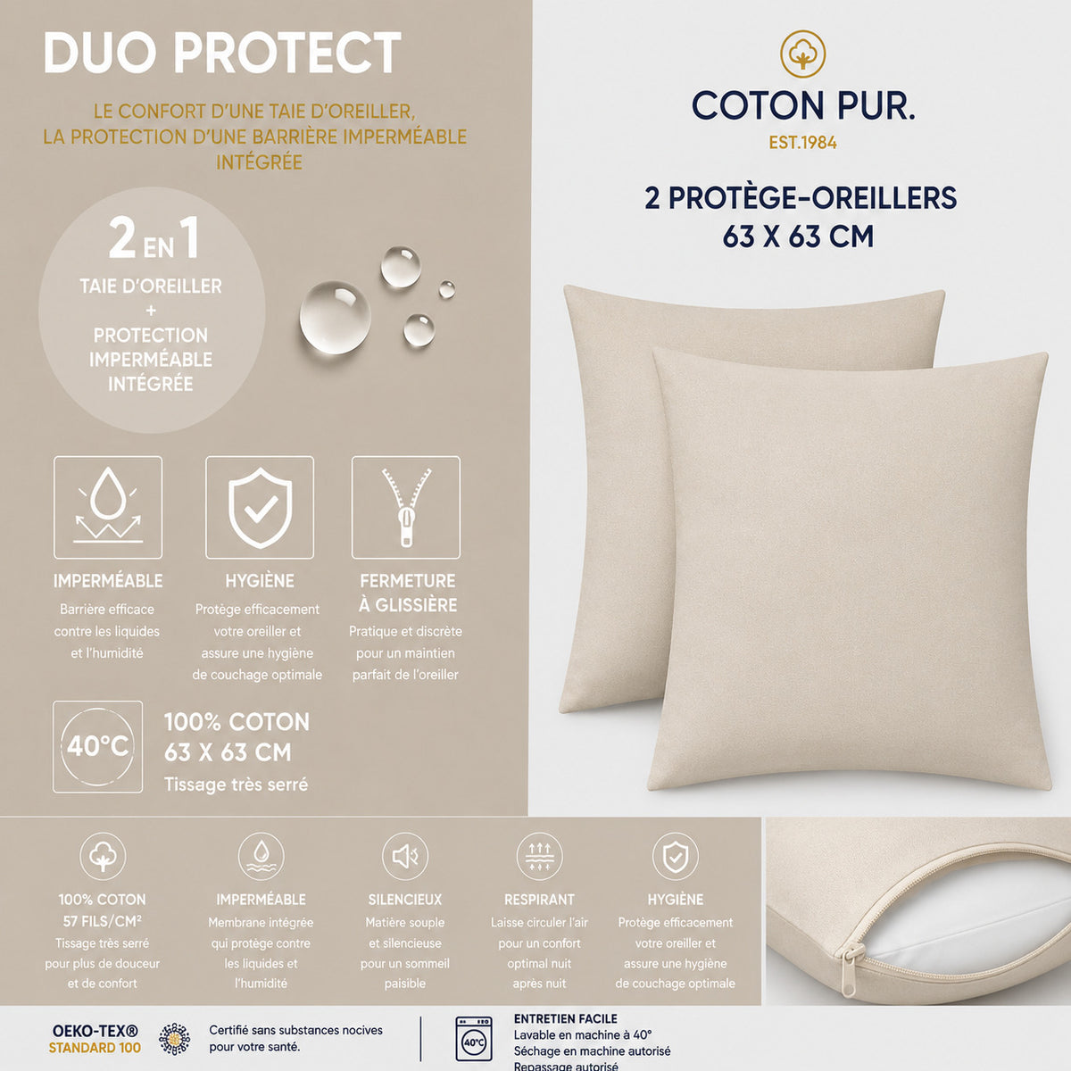 Lot de 2 Taies d'oreiller "Duo Protect" imperméable 100% Coton 57 fils/cm² 63 x 63 cm Sable