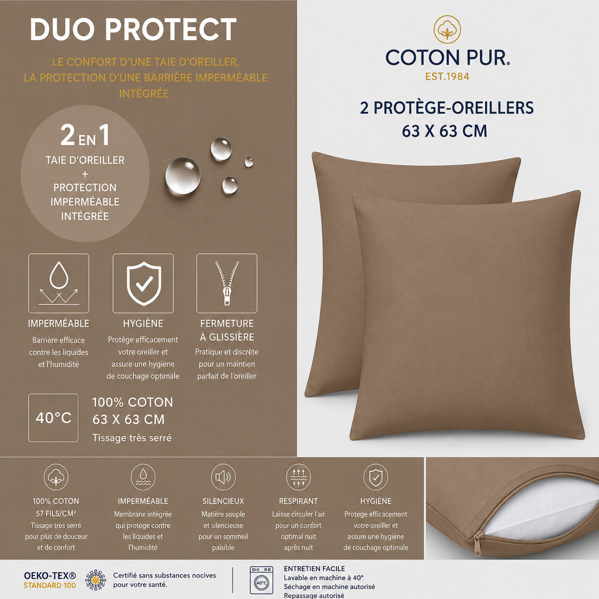 Lot de 2 Taies d'oreiller "Duo Protect" imperméable 100% Coton 57 fils/cm² 63 x 63 cm Taupe