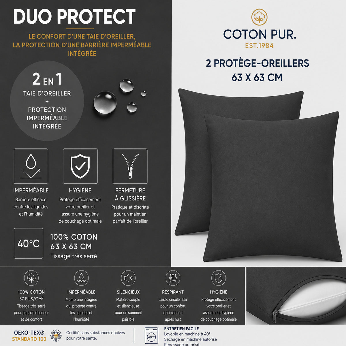 Lot de 2 Taies d'oreiller "Duo Protect" imperméable 100% Coton 57 fils/cm² 63 x 63 cm Truffe