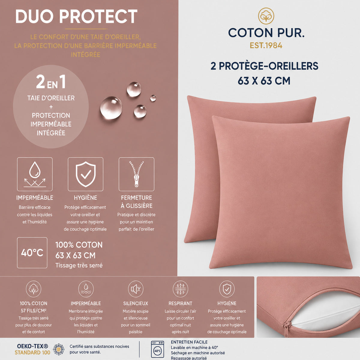 Lot de 2 Taies d'oreiller "Duo Protect" imperméable 100% Coton 57 fils/cm² 63 x 63 cm Vieux Rose
