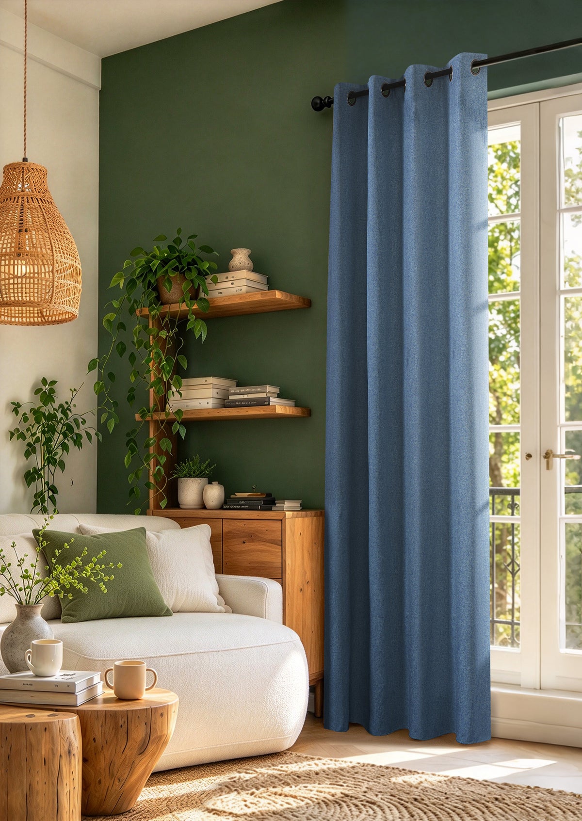 Rideau 100% occultant + 8 œillets 140 x 240 cm Polyester chambray "Cocooning" Bleu Jean BLEUJEAN