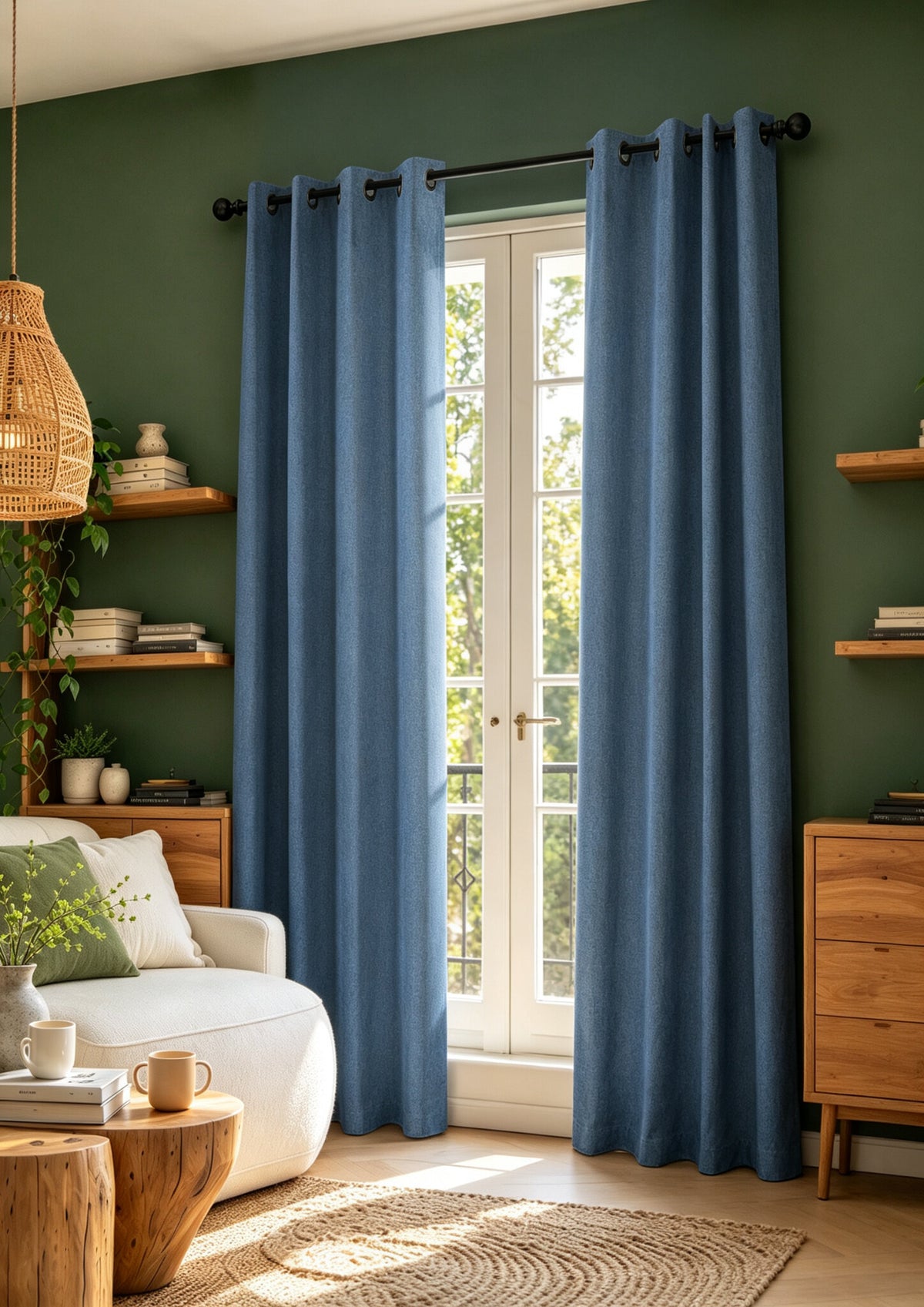 Rideau 100% occultant + 8 œillets 140 x 240 cm Polyester chambray "Cocooning" Bleu Jean BLEUJEAN