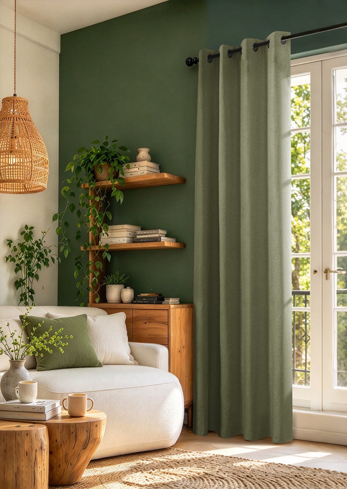 Rideau 100% occultant + 8 œillets 140 x 240 cm Polyester chambray "Cocooning" Sauge