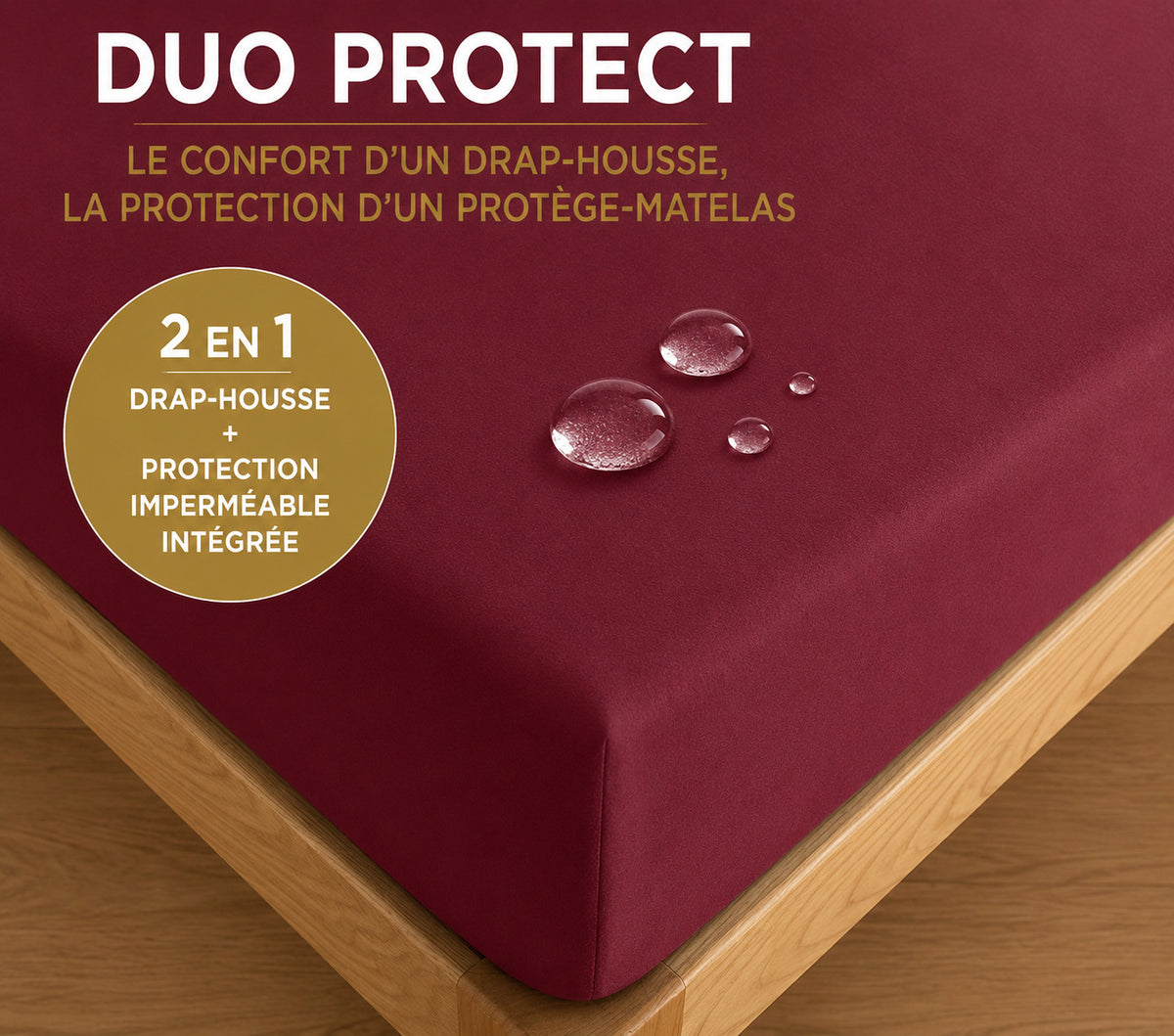 Drap housse "Duo Protect" imperméable 100% Coton 57 fils/cm² 90 x 190 cm Grenat