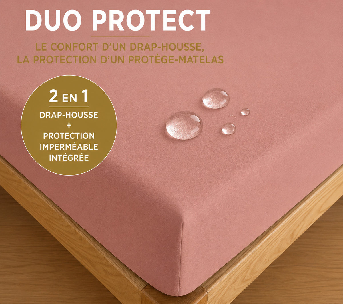 Drap housse "Duo Protect" imperméable 100% Coton 57 fils/cm² 160 x 200 cm Vieux Rose