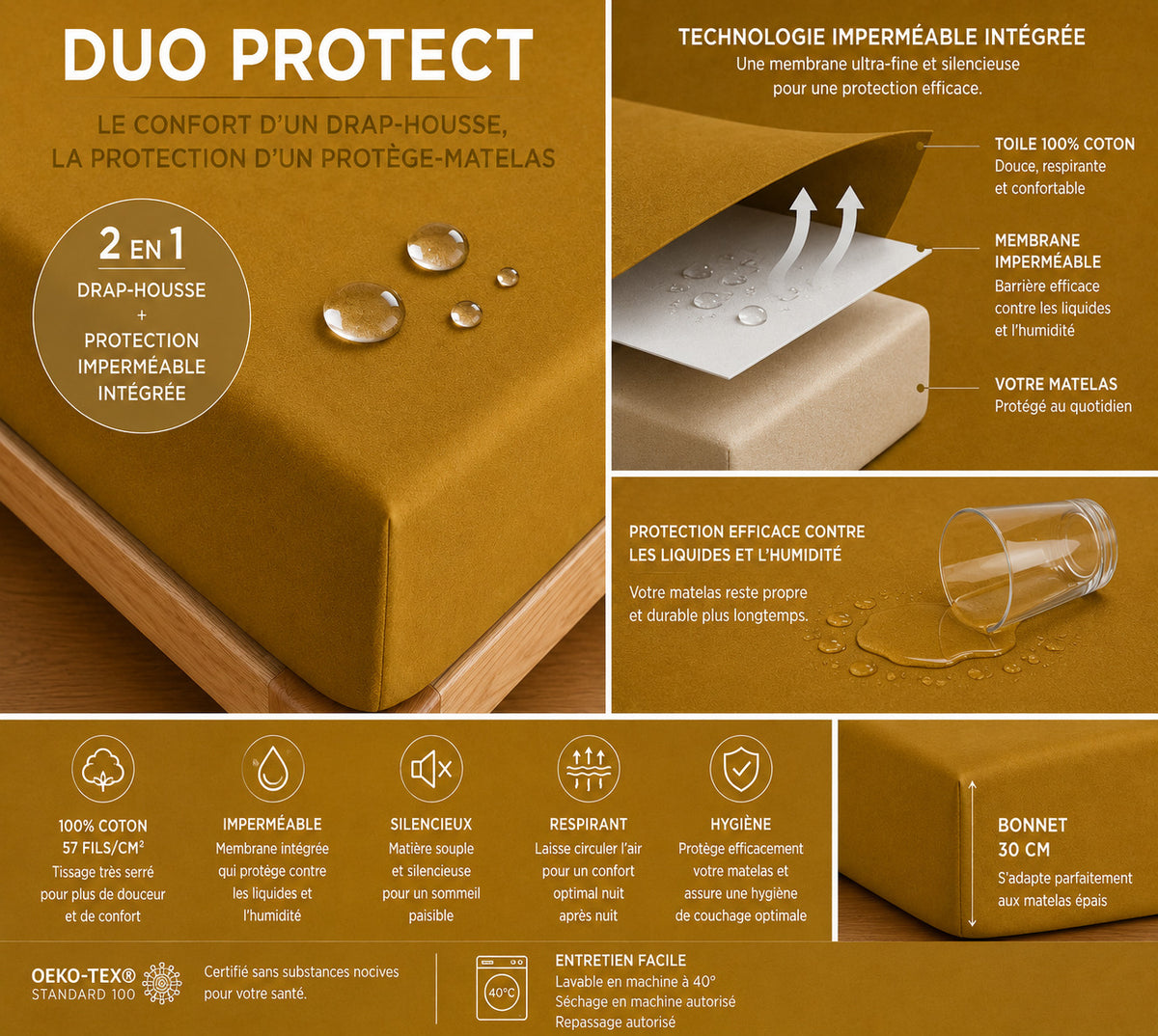 Drap housse "Duo Protect" imperméable 100% Coton 57 fils/cm² 180 x 200 cm Caramel