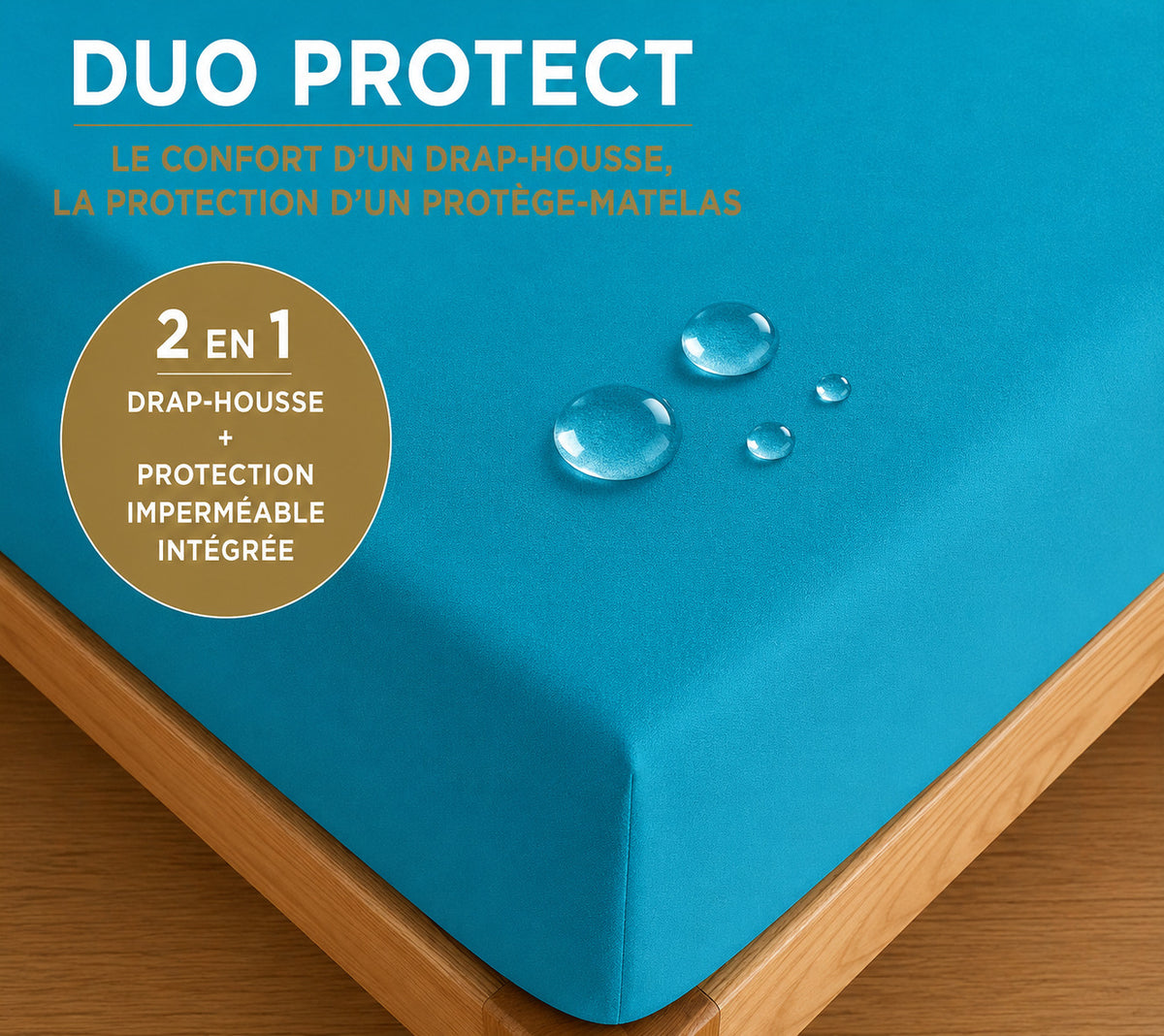 Drap housse "Duo Protect" imperméable 100% Coton 57 fils/cm² 180 x 200 cm Cyan