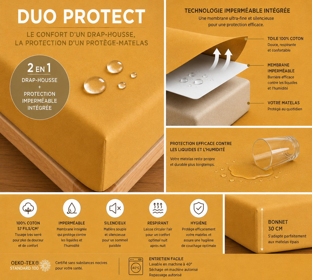 Drap housse "Duo Protect" imperméable 100% Coton 57 fils/cm² 180 x 200 cm Miel