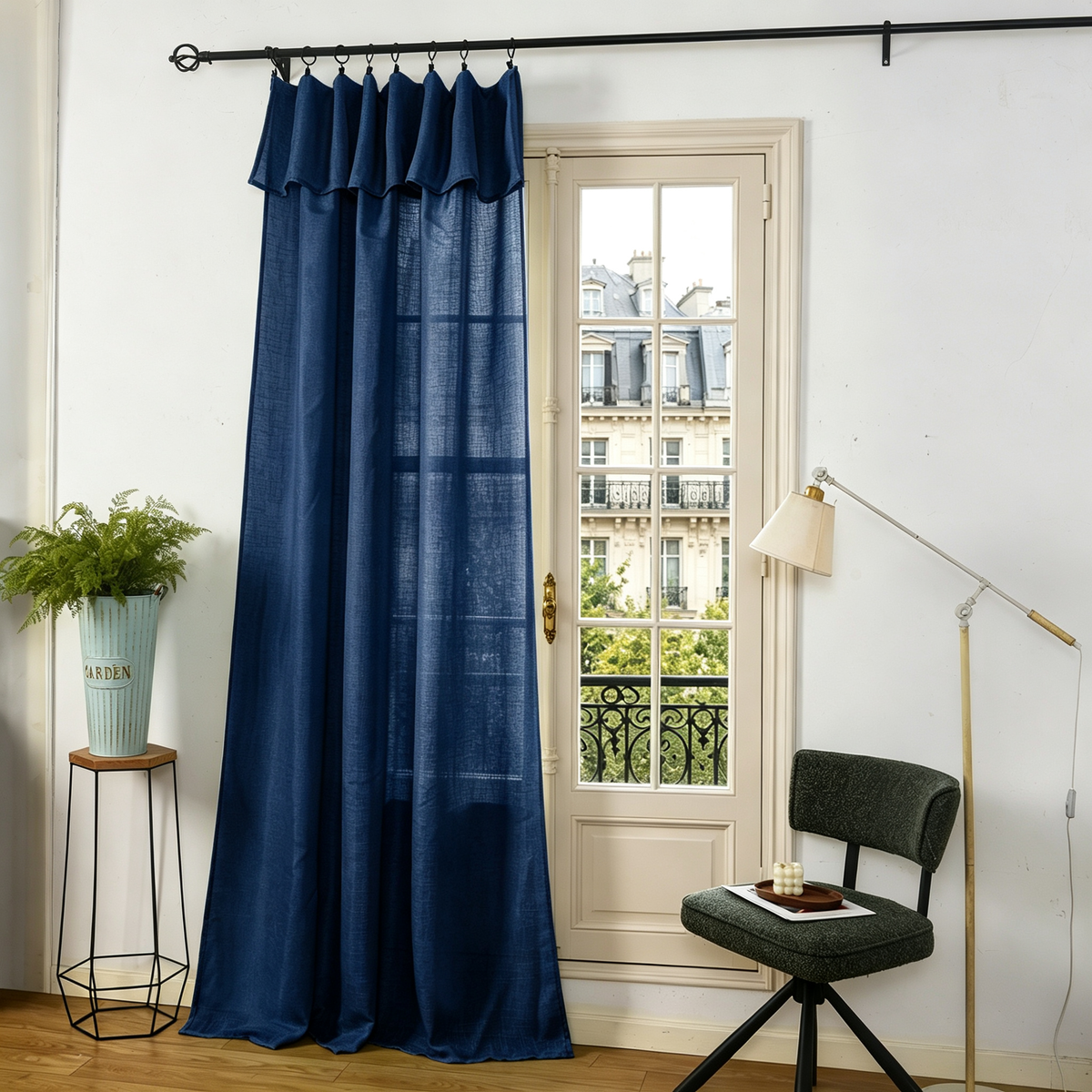 Rideau ajustable + 8 anneaux pince 140 x 270 cm Polyester effet lin" Evasion" Bleu nuit
