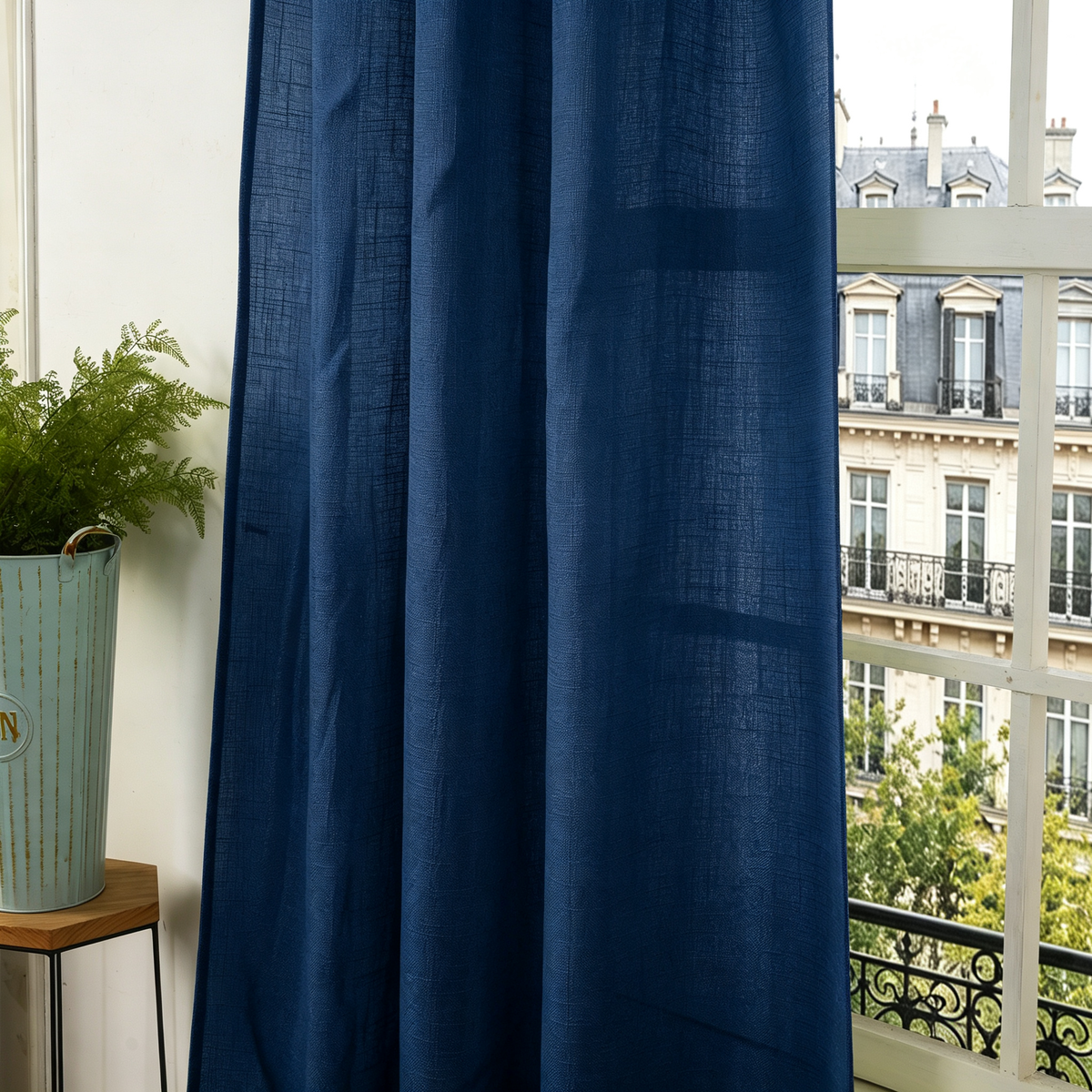Rideau ajustable + 8 anneaux pince 140 x 270 cm Polyester effet lin" Evasion" Bleu nuit