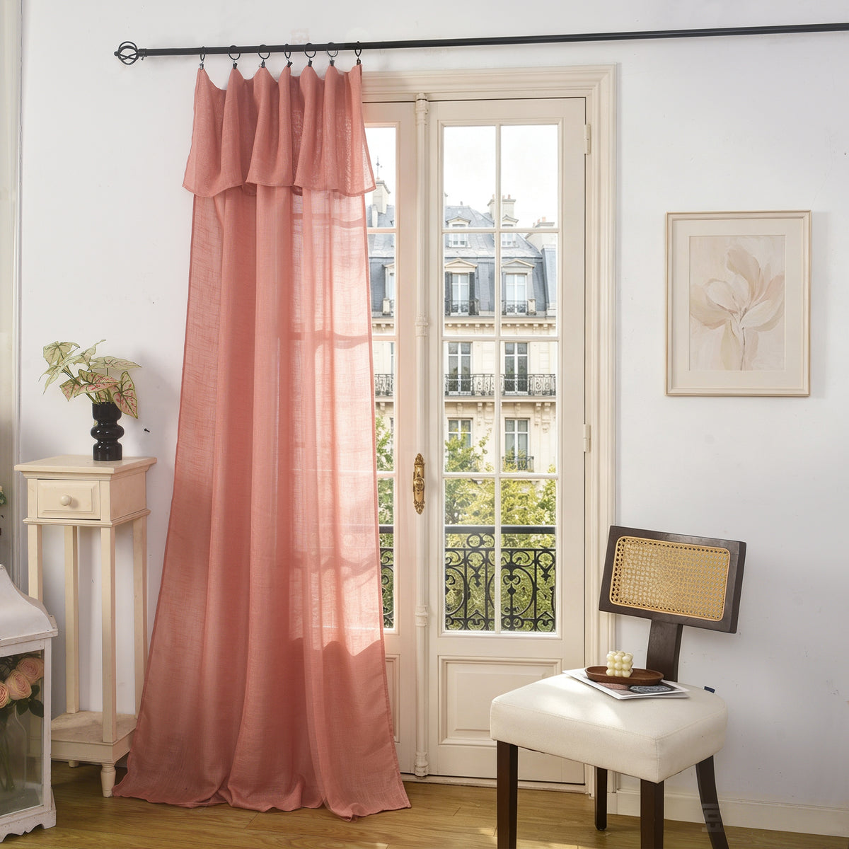 Rideau ajustable + 8 anneaux pince 140 x 270 cm Polyester effet lin" Evasion" Rose Boise