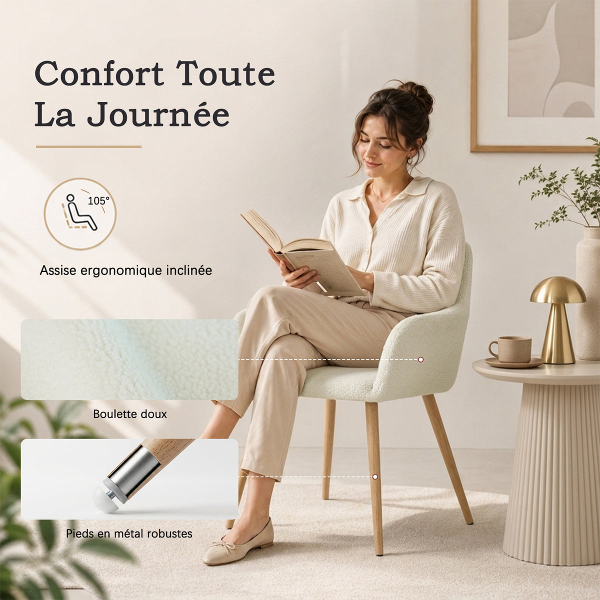 Cromwell - Ensemble de 2 fauteuils de salle à manger scandinaves avec accoudoirs en tissu bouclette beige et pieds imitation chêne