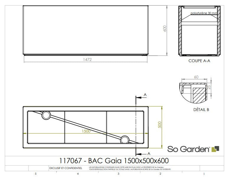 Jardinière rectangulaire Gaia - 1500 x 500 x 600 mm - Gris anthracite