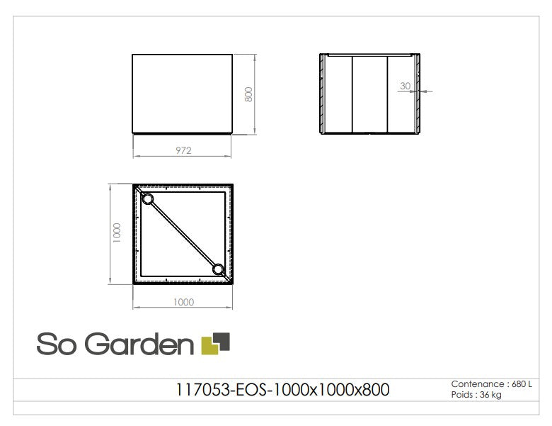Jardinière carrée Eos - 1000 x 1000 x 800 mm - Gris anthracite