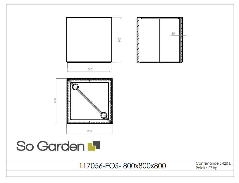 Jardinière carrée Eos - 800 x 800 x 800 mm - Gris anthracite