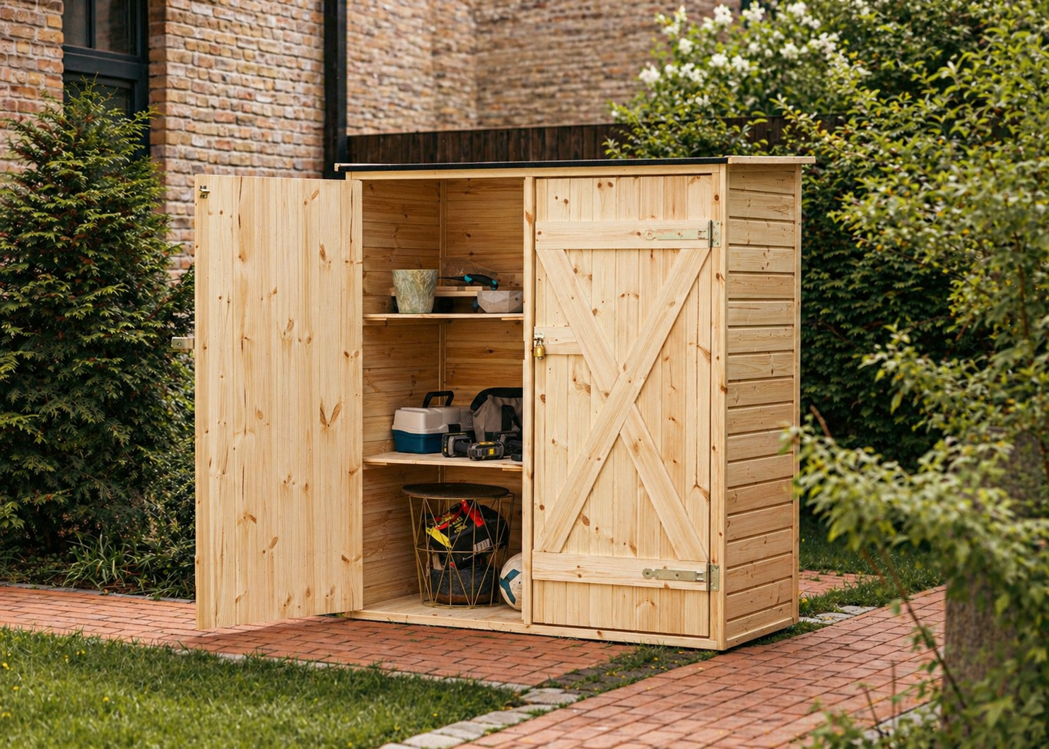 Abri à outils en bois avec système d'étagères 149x72 cm Naturel