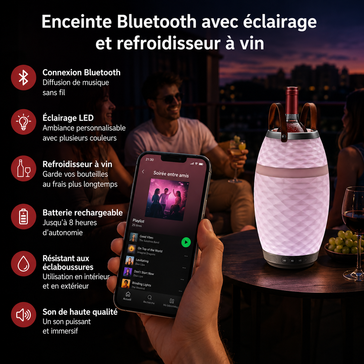 Lampe-enceinte LED sans fil avec refroidisseur à vin intégré Bali XL - Bluetooth - RGB - Blanc
