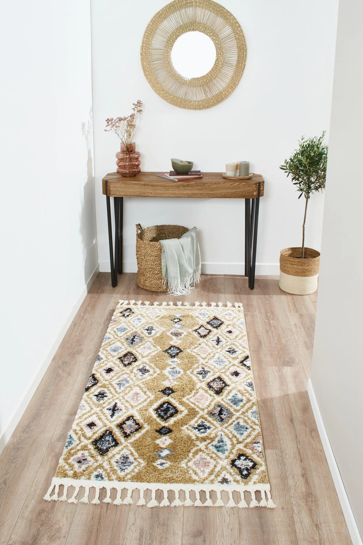 Tapis ethnique motifs losanges jaune - Delya