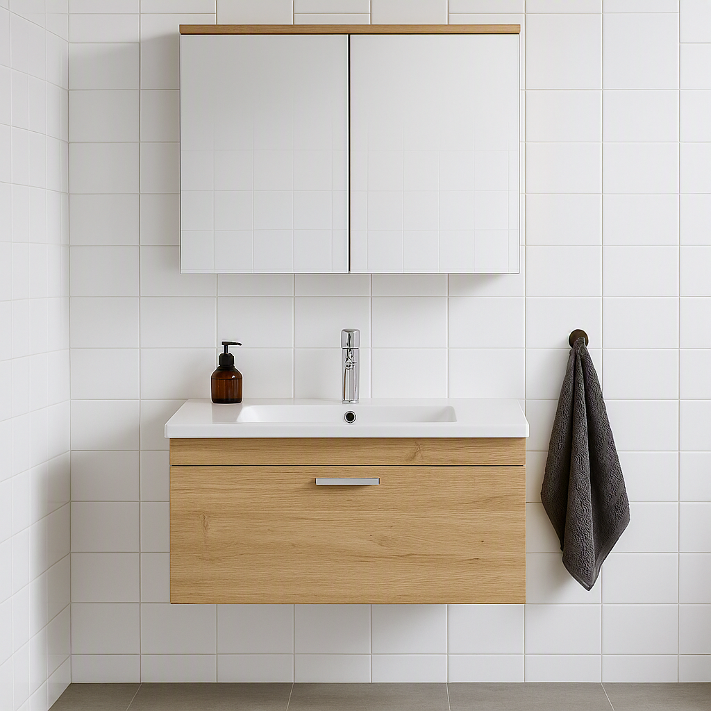 Meuble simple vasque Rubite 1 tiroir 80 cm + miroir armoire
