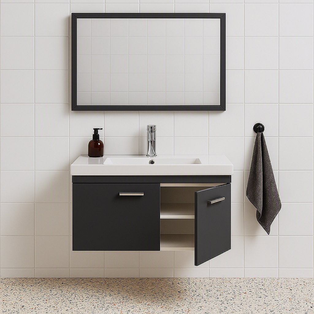Meuble simple vasque Rubite 2 portes 100 cm + miroir cadre