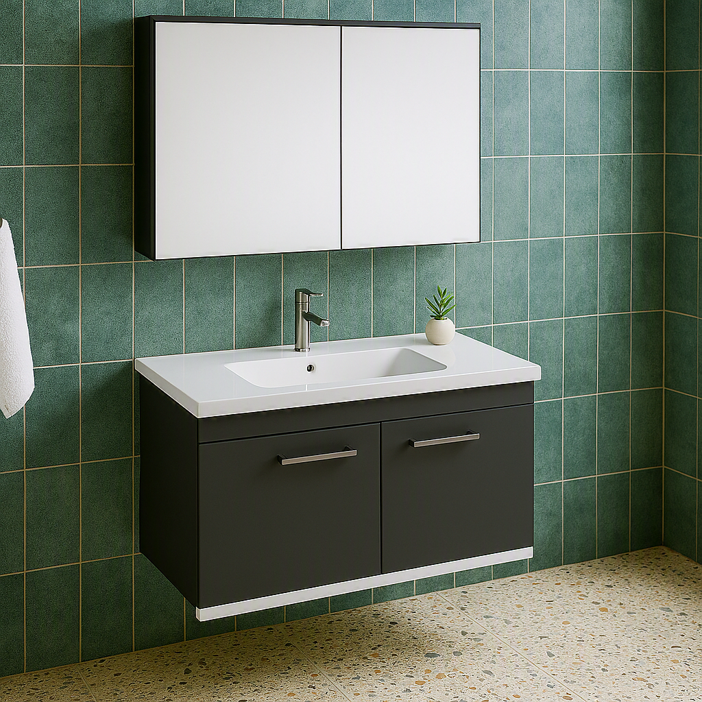 Meuble simple vasque Rubite 2 portes 100 cm + miroir armoire