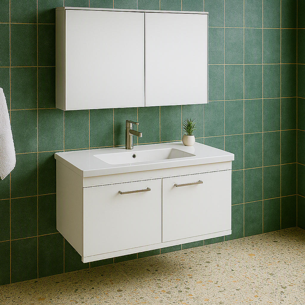 Meuble simple vasque Rubite 2 portes 100 cm + miroir armoire