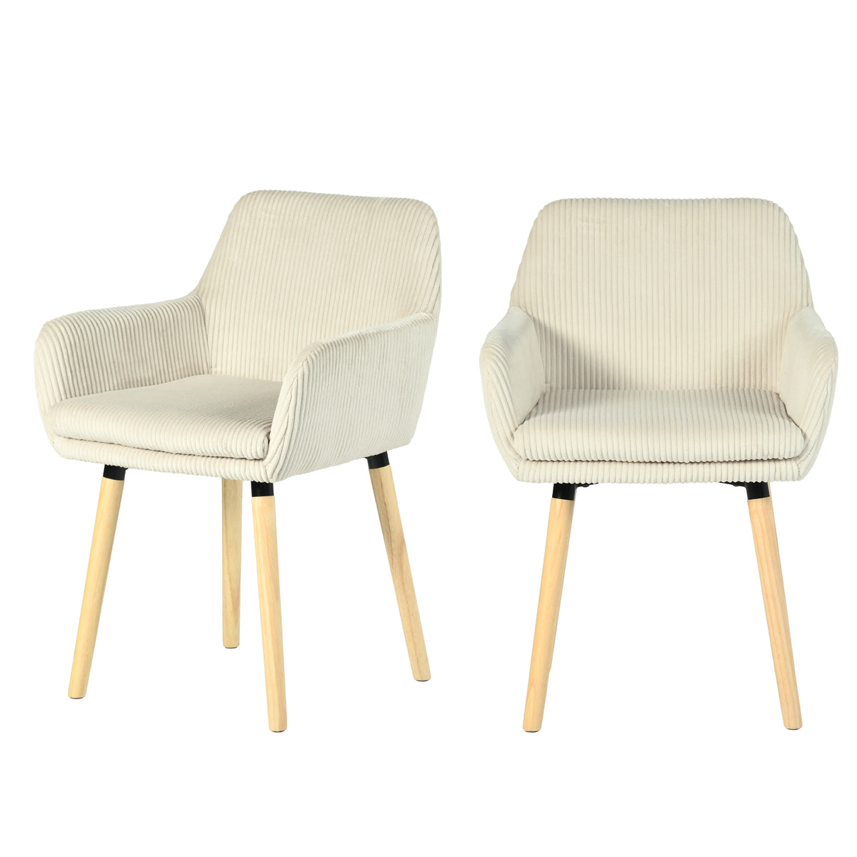 Elia - Ensemble de 2 chaises de salle à manger scandinaves en velours côtelé beige avec accoudoirs et pieds en bois