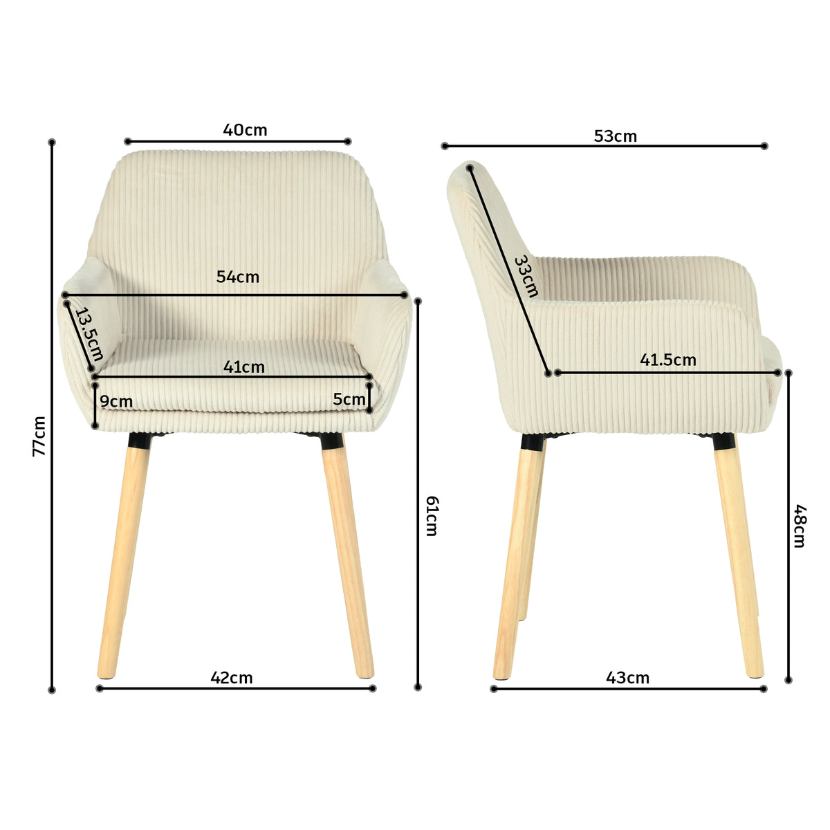 Elia - Ensemble de 2 chaises de salle à manger scandinaves en velours côtelé beige avec accoudoirs et pieds en bois