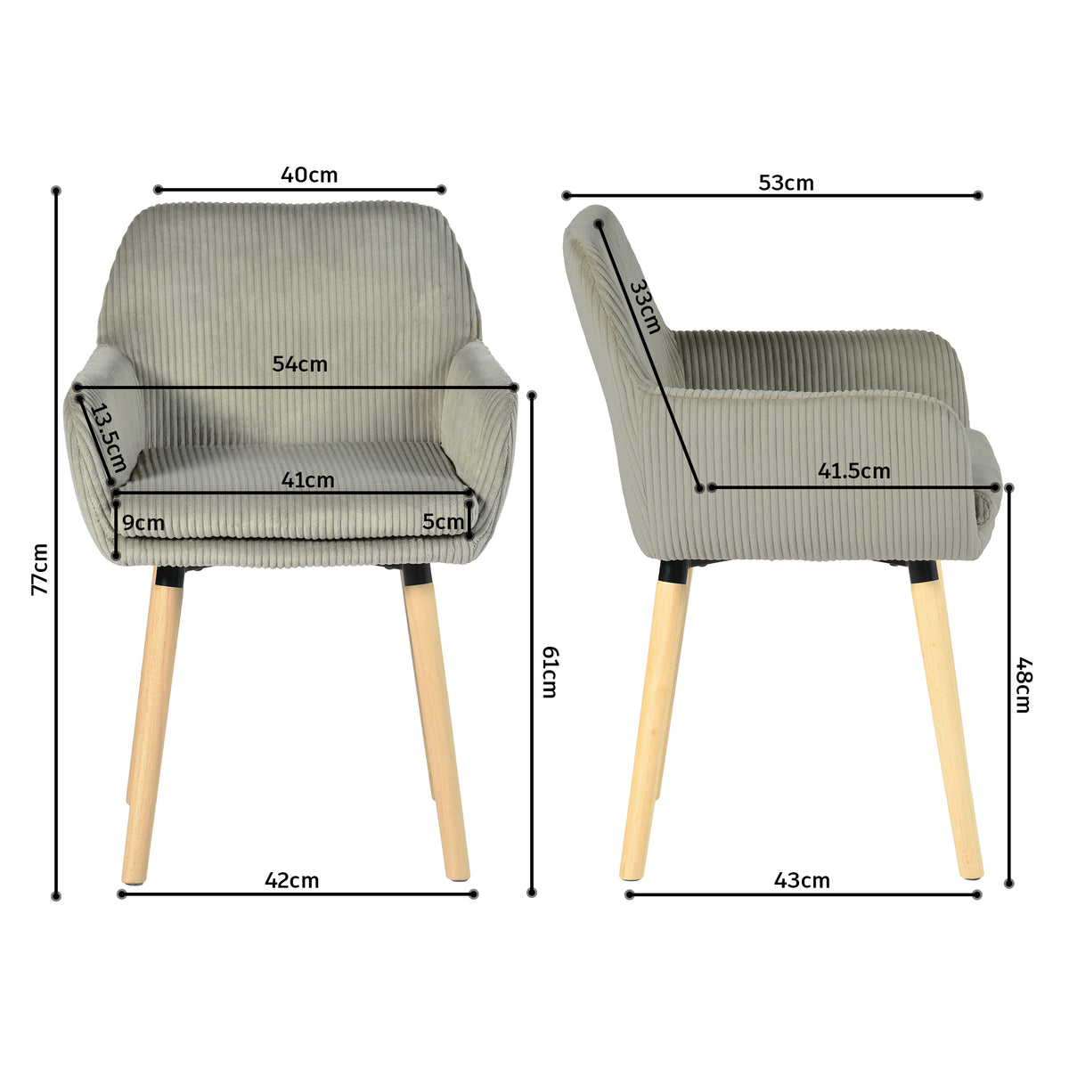 Elia - Ensemble de 2 chaises de salle à manger scandinaves en velours côtelé gris clair avec accoudoirs et pieds en bois