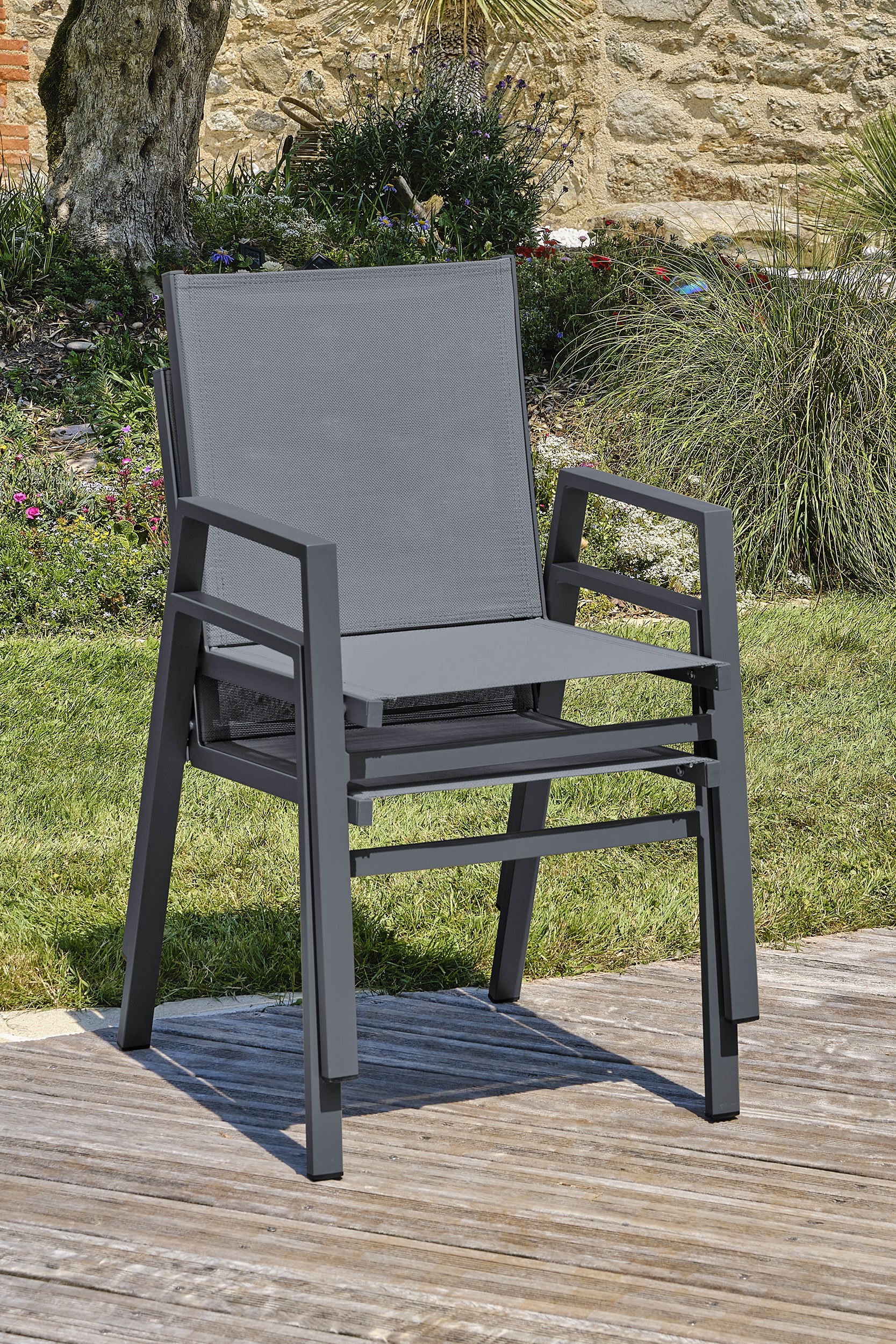 Fauteuil de jardin empilable FLORIDE en textilène et aluminium - GRIS ANTHRACITE