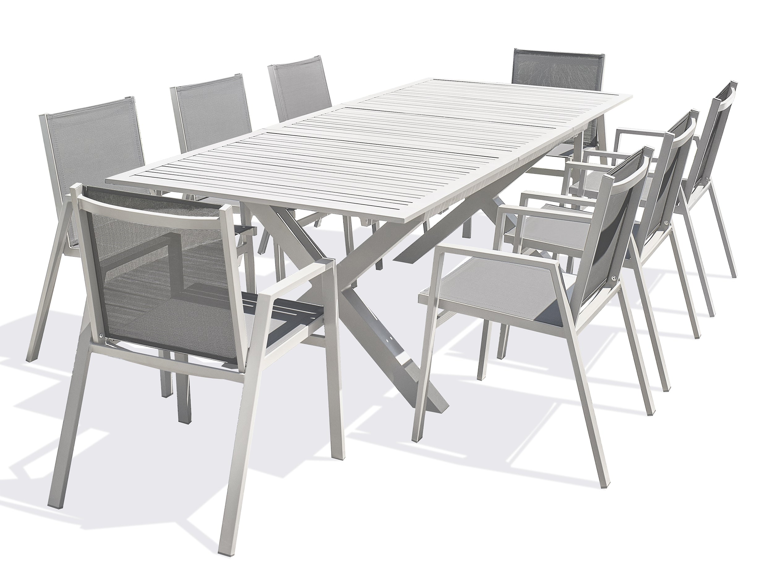 Table de jardin FLORIDE-TB240-ALU-B avec rallonge et 8 fauteuils FLORIDE-FT-BLANC empilables