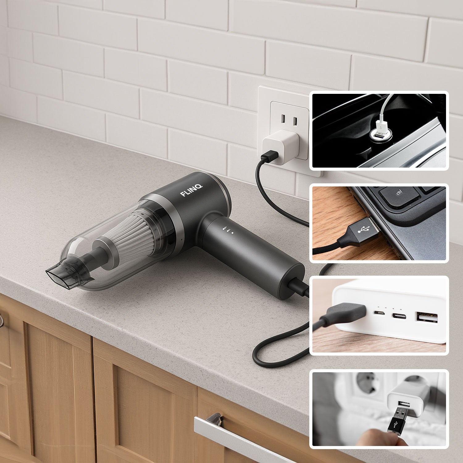 FlinQ - Aspirateur portatif sans fil et sans sac mutifonction V3 - Aspiration et soufflage - Accessoires inclus