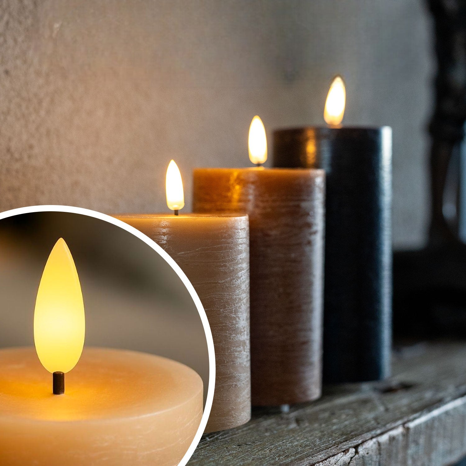 FlinQ - Ensemble de 3 bougies LED rechargeables à flamme vacillante - Télécommande incluse - Classiques Terre