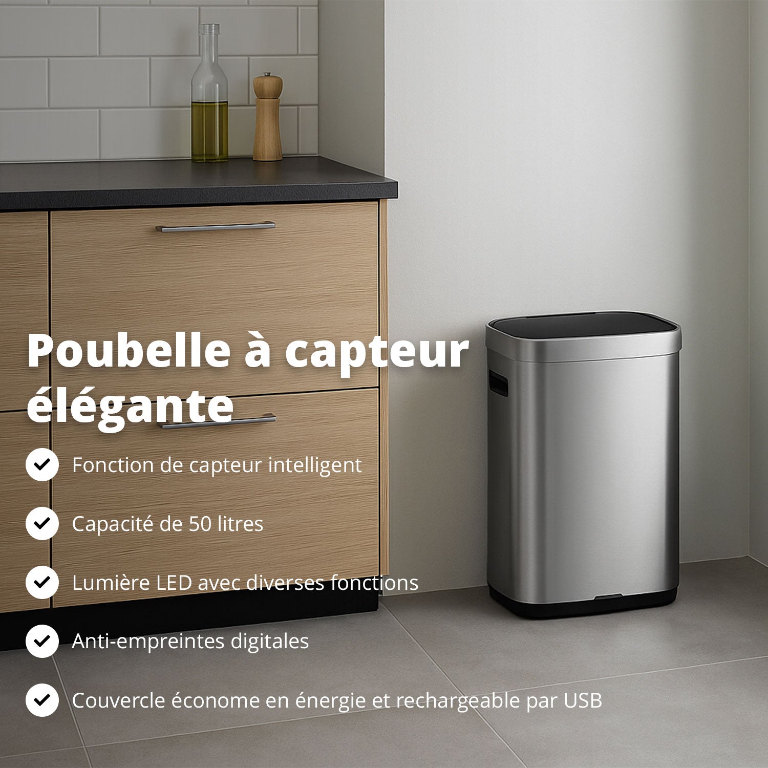 Poubelle Mira avec couvercle à fermeture douce et voyant d'état LED 50 litres Argent