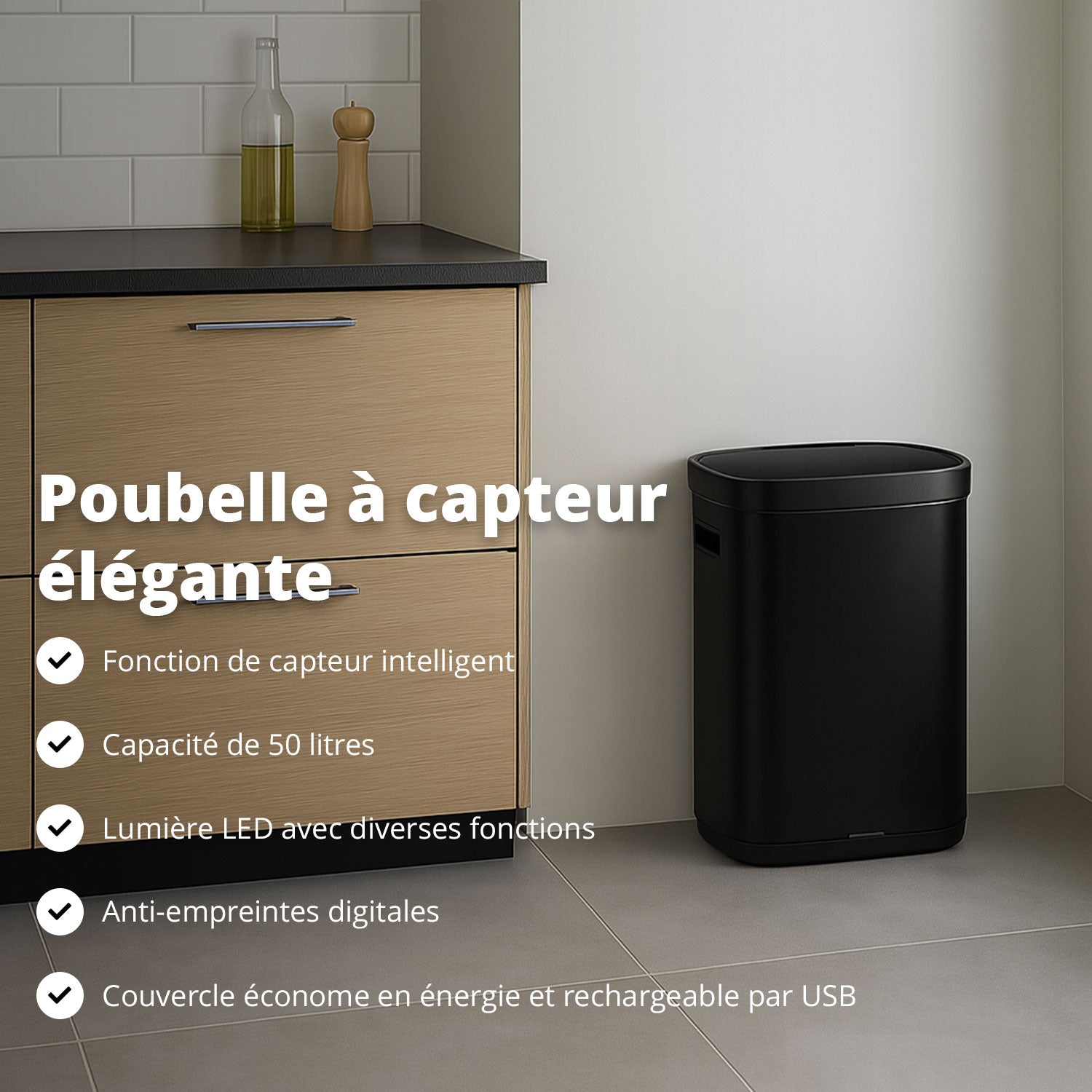 Poubelle Mira avec couvercle à fermeture douce et voyant d'état LED 50 litres Noire