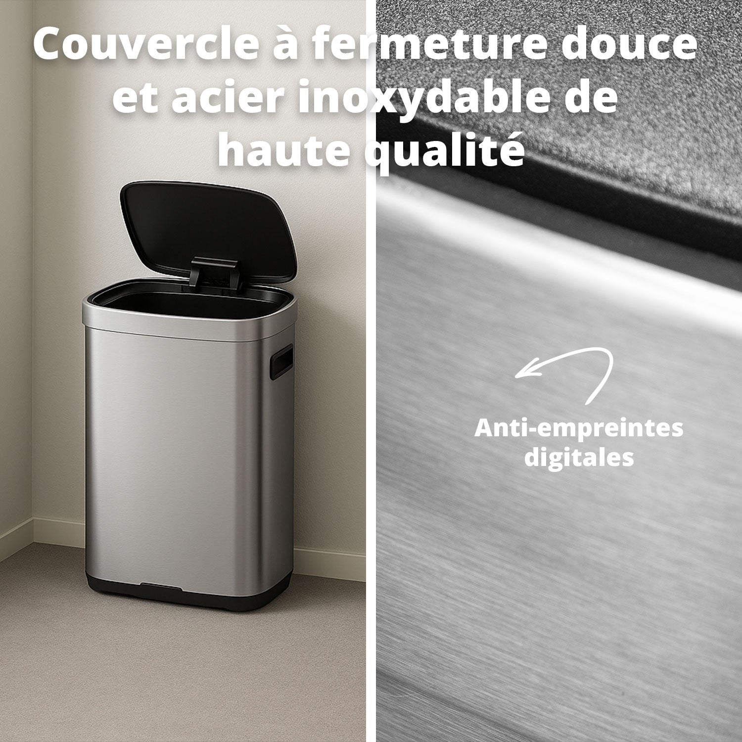 Poubelle Mira avec couvercle à fermeture douce et voyant d'état LED 50 litres Argent