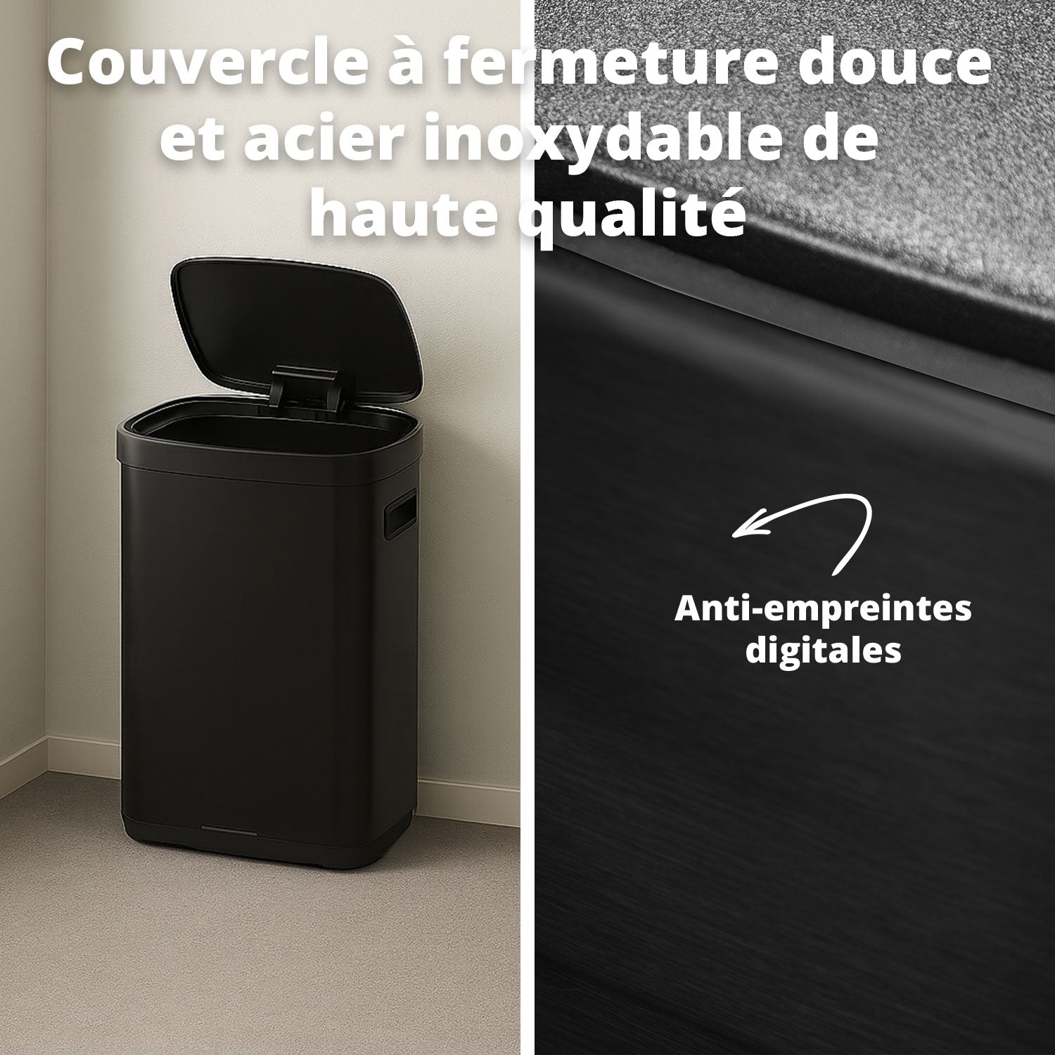 Poubelle Mira avec couvercle à fermeture douce et voyant d'état LED 50 litres Noire
