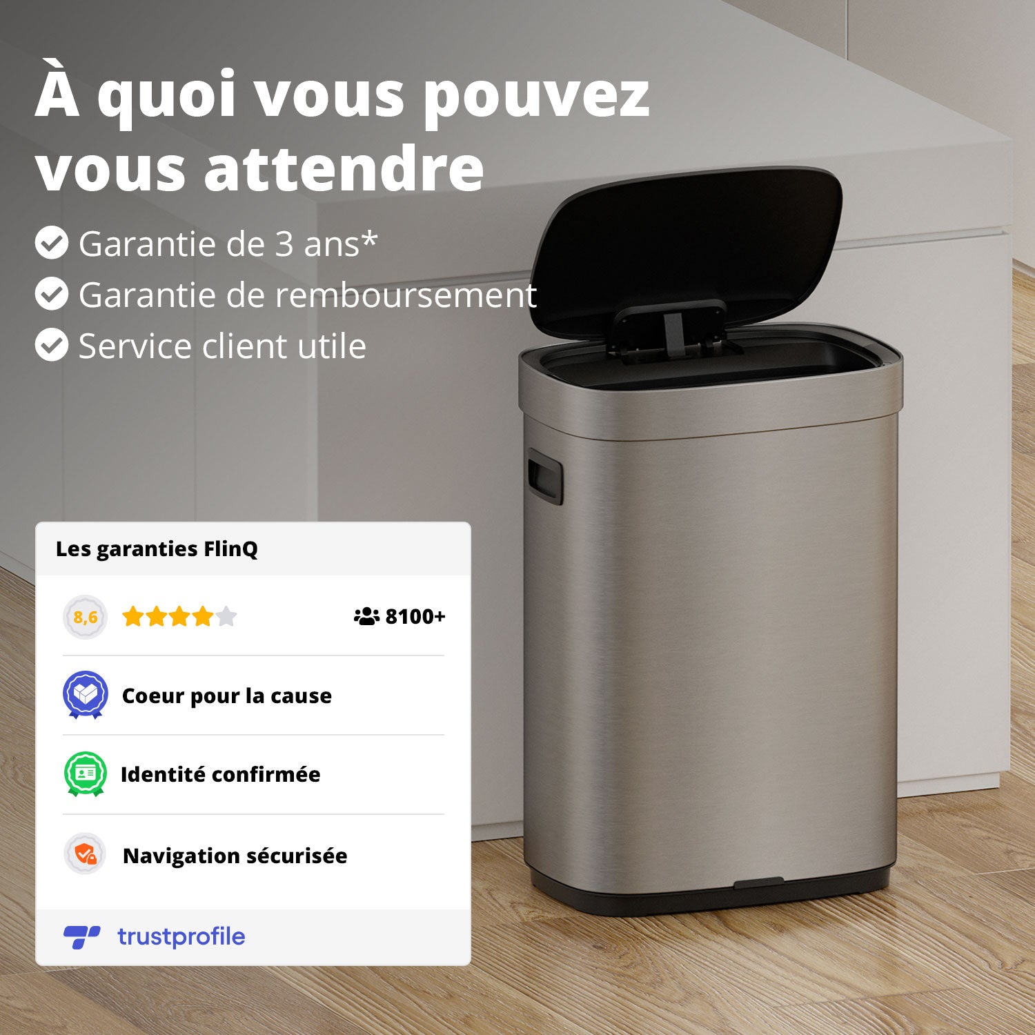 Poubelle Mira avec couvercle à fermeture douce et voyant d'état LED 50 litres Argent