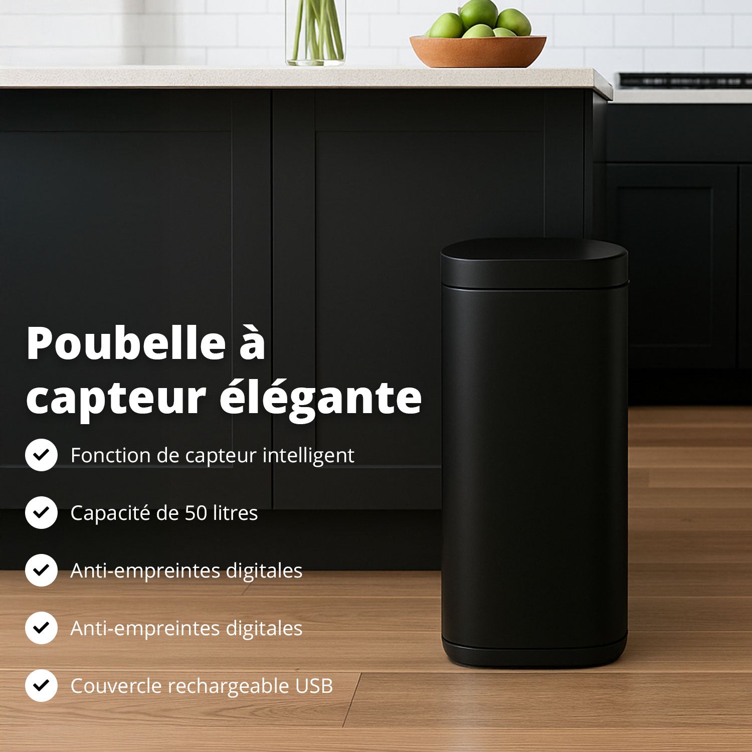 Poubelle Velo avec couvercle à fermeture douce et voyant d'état LED 50 litres Noire