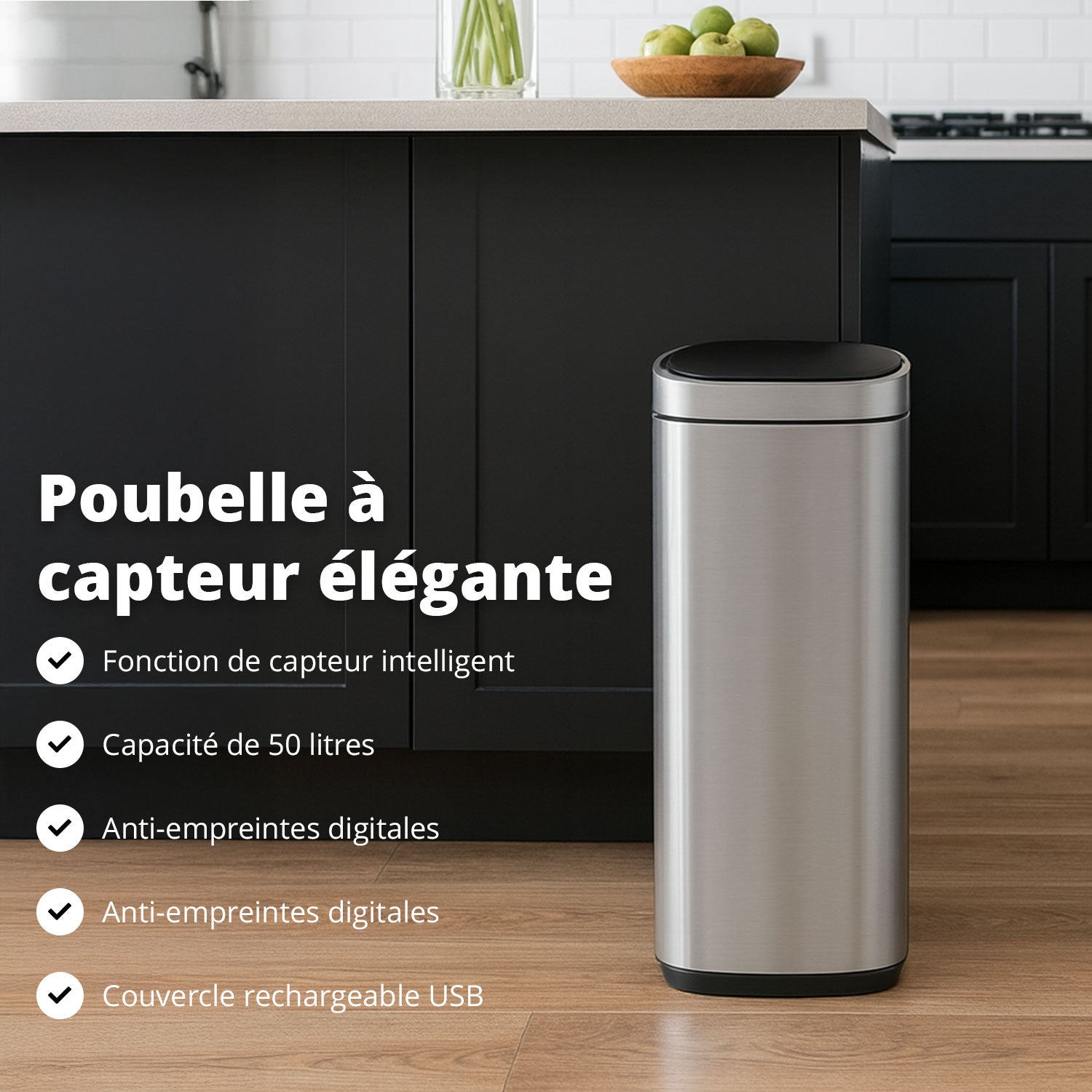 Poubelle Velo avec couvercle à fermeture douce et voyant d'état LED 50 litres Argent