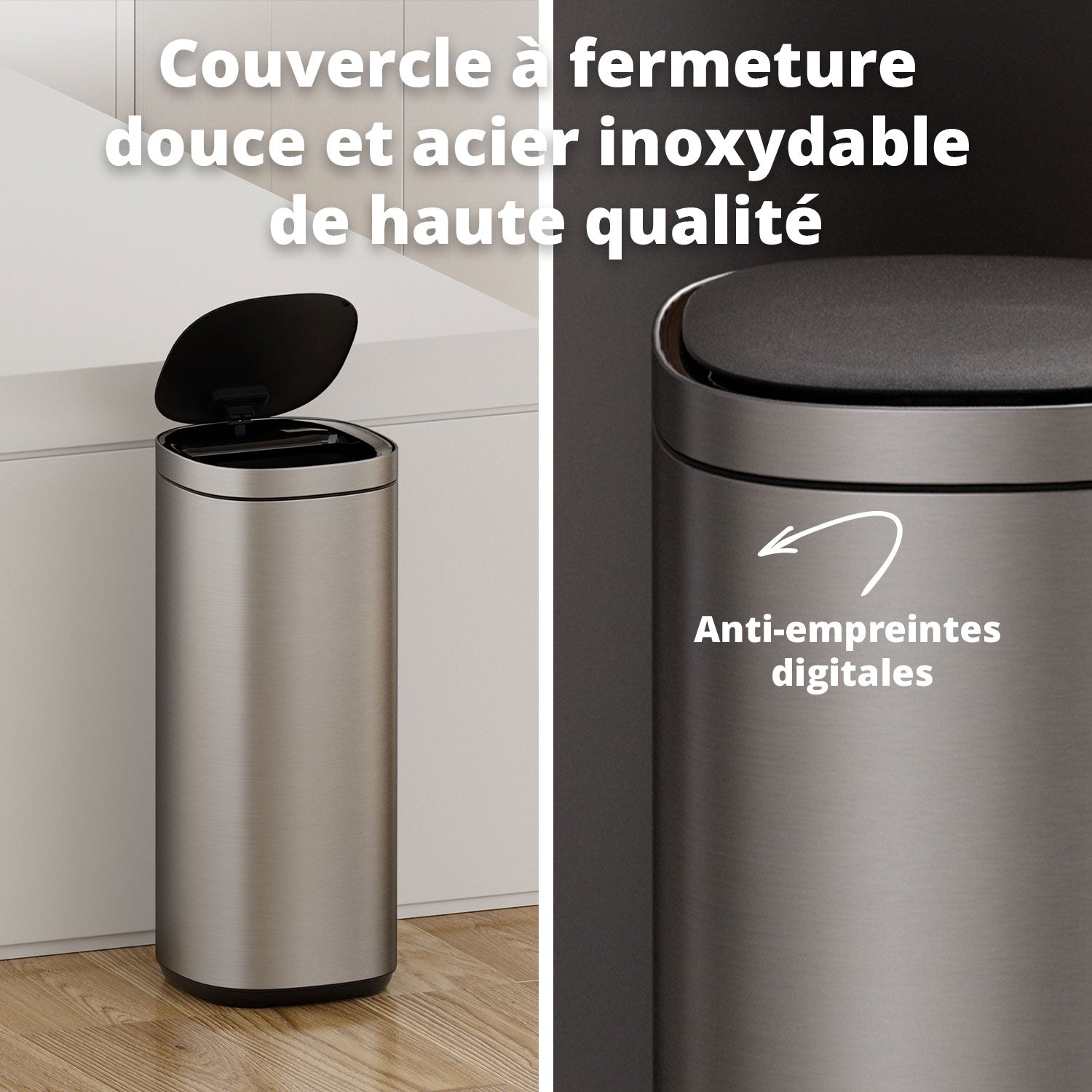 Poubelle Velo avec couvercle à fermeture douce et voyant d'état LED 50 litres Argent