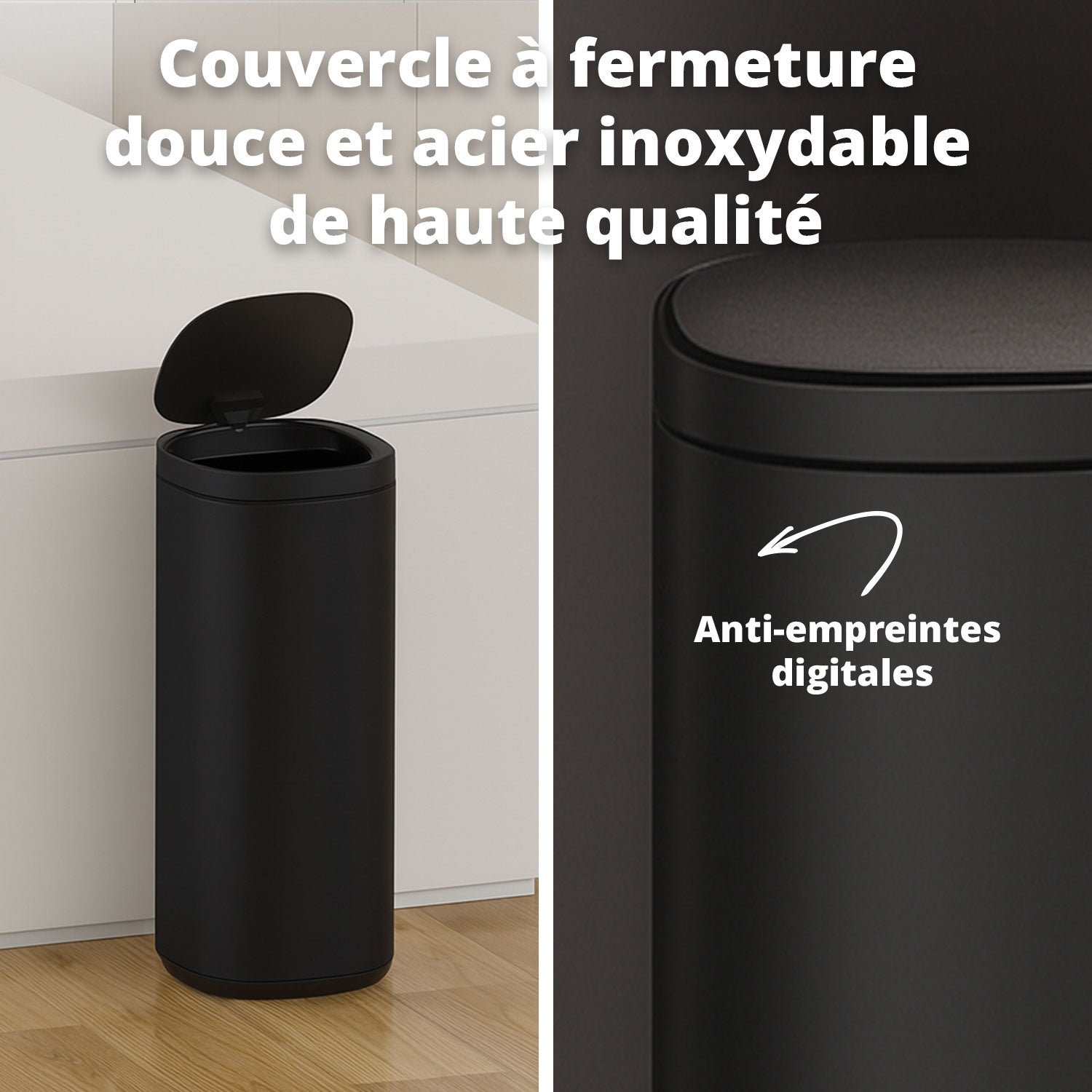Poubelle Velo avec couvercle à fermeture douce et voyant d'état LED 50 litres Noire
