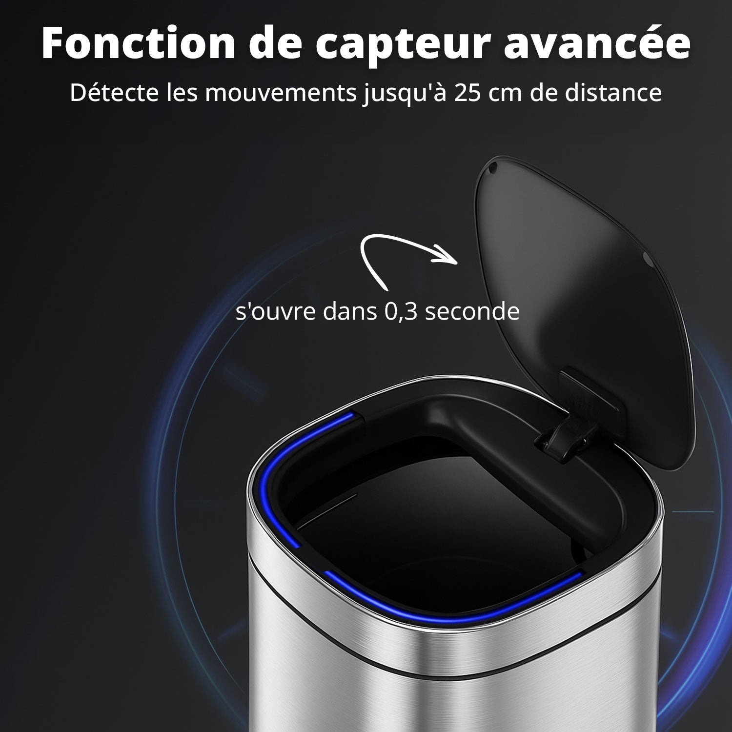 Poubelle Velo avec couvercle à fermeture douce et voyant d'état LED 50 litres Argent